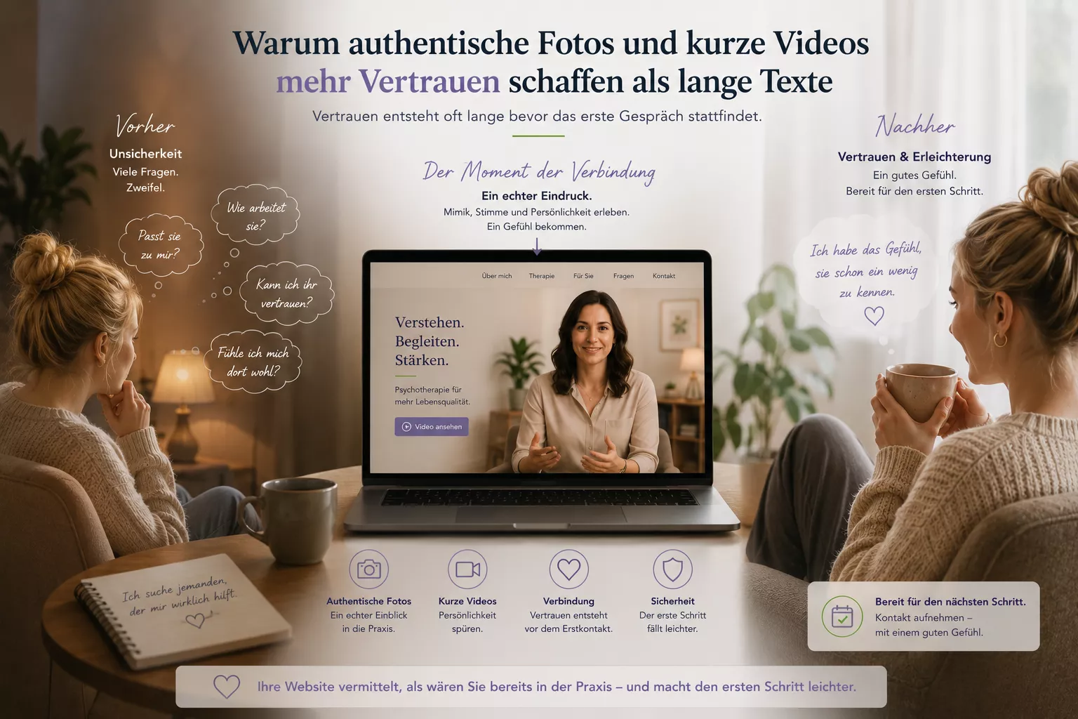 Illustration zur Patientenentscheidung vor dem Erstkontakt. Eine junge Frau gewinnt durch authentische Praxisfotos und ein Vorstellungsvideo Vertrauen zur Psychotherapeutin, fühlt sich bereits vor dem ersten Gespräch gut aufgehoben und nimmt mit mehr Sicherheit Kontakt zur Praxis auf.