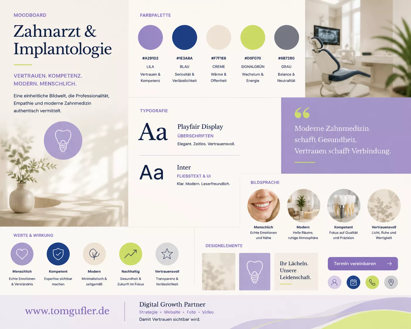 Moodboard für eine moderne Zahnarzt- und Implantologiepraxis mit harmonischer Farbpalette, Typografie, emotionaler Bildsprache, Design-Elementen und Corporate-Design-Richtlinien für einen vertrauensvollen digitalen Markenauftritt.