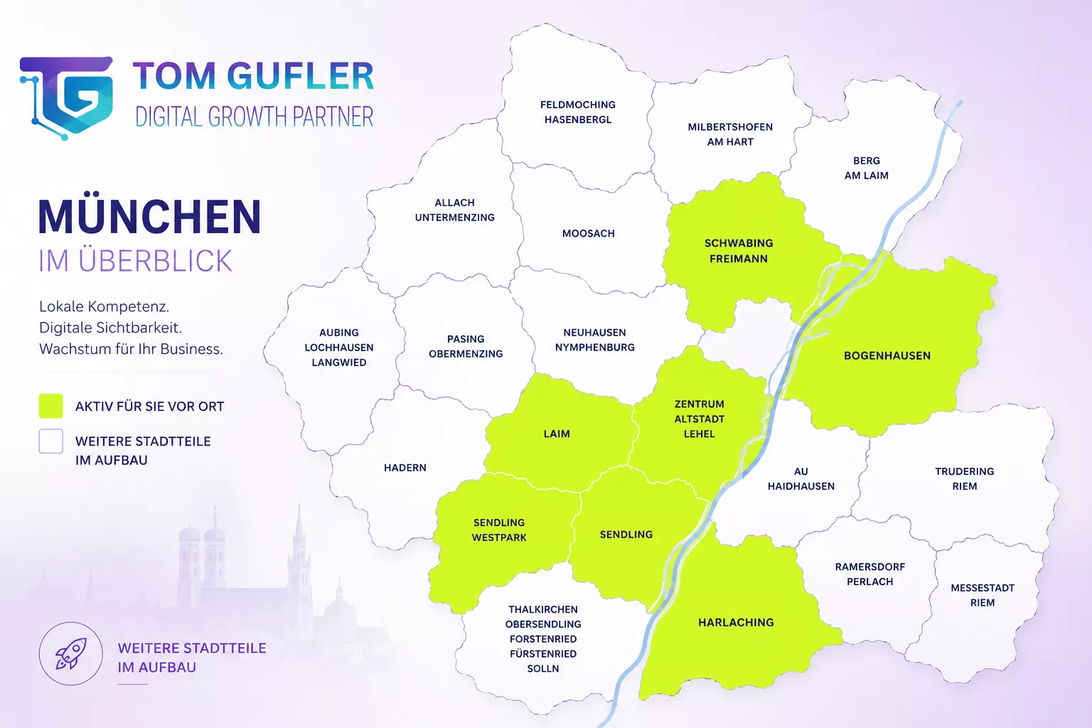 Überblickskarte der Stadtteile München. Wo möchten Sie Ihre Website erstellen lassen?