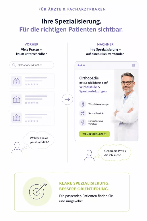 Die Grafik veranschaulicht, wie eine klare Positionierung und verständlich kommunizierte Spezialisierung eine Facharztpraxis von anderen Anbietern abhebt. Während Patienten in der Google-Suche zunächst ähnliche Praxen wahrnehmen, sorgt eine fokussierte Website mit klaren Behandlungsschwerpunkten dafür, dass die passende Praxis schneller gefunden und bewusst ausgewählt wird.