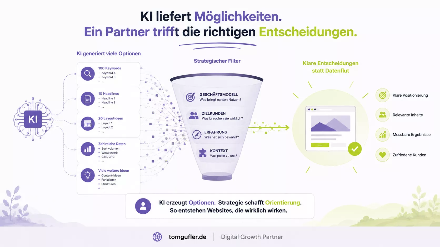 Infografik zur Rolle von KI und Strategie: KI erzeugt zahlreiche Ideen, Keywords und Daten. Erst ein strategischer Partner filtert diese Informationen und entwickelt daraus klare Entscheidungen und wirksame Maßnahmen.