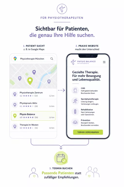 Die Grafik zeigt den Weg eines Patienten von der lokalen Google-Suche über eine moderne Praxiswebsite bis zur Terminbuchung. Eine klar kommunizierte Spezialisierung – beispielsweise in CMD, Sportphysiotherapie, Rehabilitation oder Prävention – hilft dabei, gezielt die passenden Patienten zu erreichen und unabhängiger von Empfehlungen zu werden.