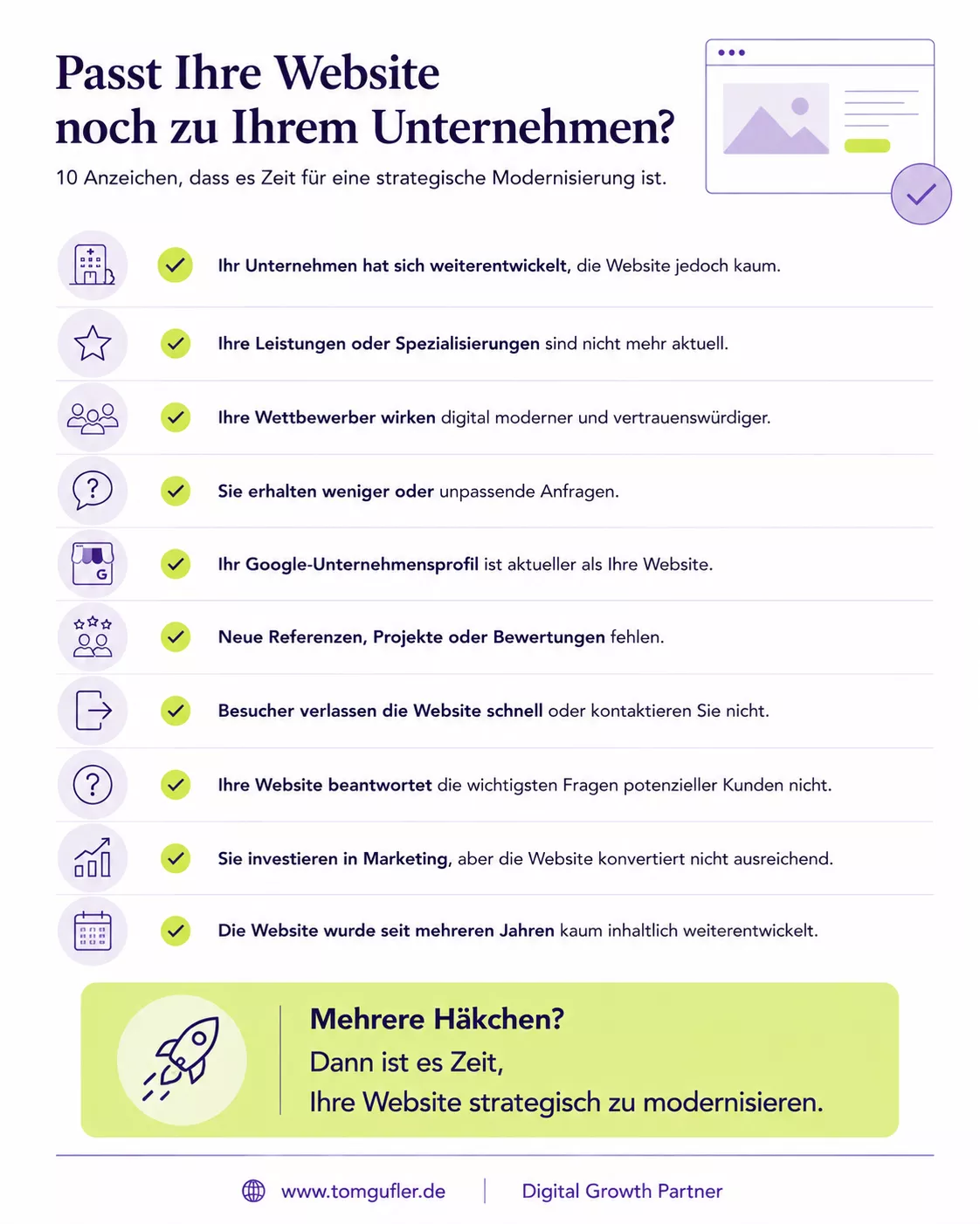 Infografik mit Checkliste: Zehn typische Anzeichen zeigen, wann eine Website strategisch modernisiert werden sollte – von veralteten Inhalten und fehlender Sichtbarkeit bis zu unpassenden Anfragen. Mehrere Treffer sprechen für eine strategische Website-Modernisierung.