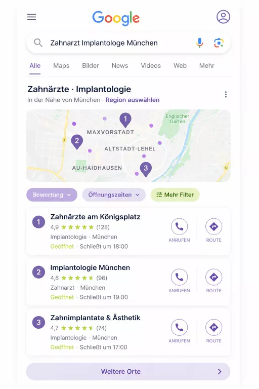 Infografik eines Google Local Packs für die Suche nach einem Implantologen in München. Dargestellt sind Google Maps, lokale Zahnarztprofile, Bewertungen und Suchergebnisse als Einstieg in die digitale Patient Journey.